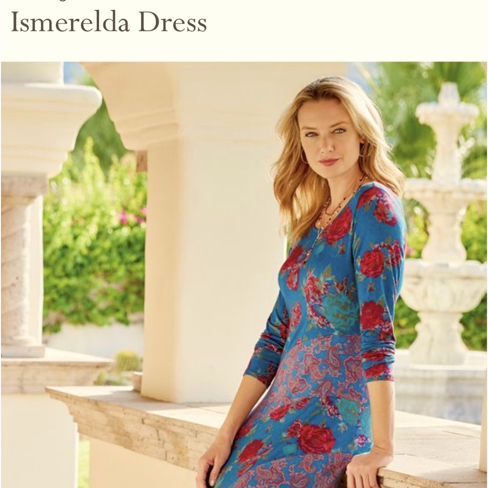 Soft Surroundings Ismerelda Long Sleeve Maxi Dress Trieste Deep Atlantic Print S